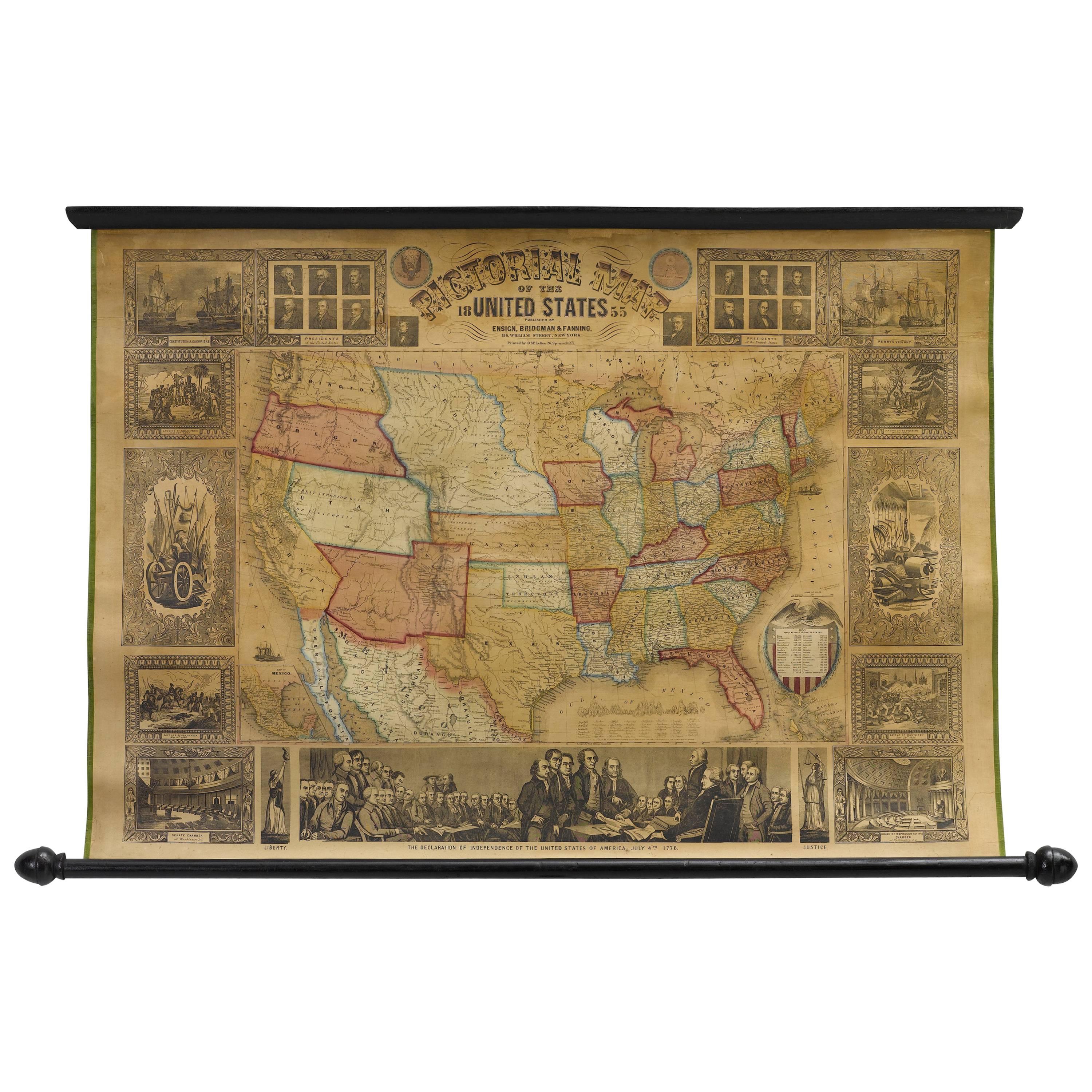 1855 Pictorial Map of the United States, Pub by Ensign, Bridgman & Fanning