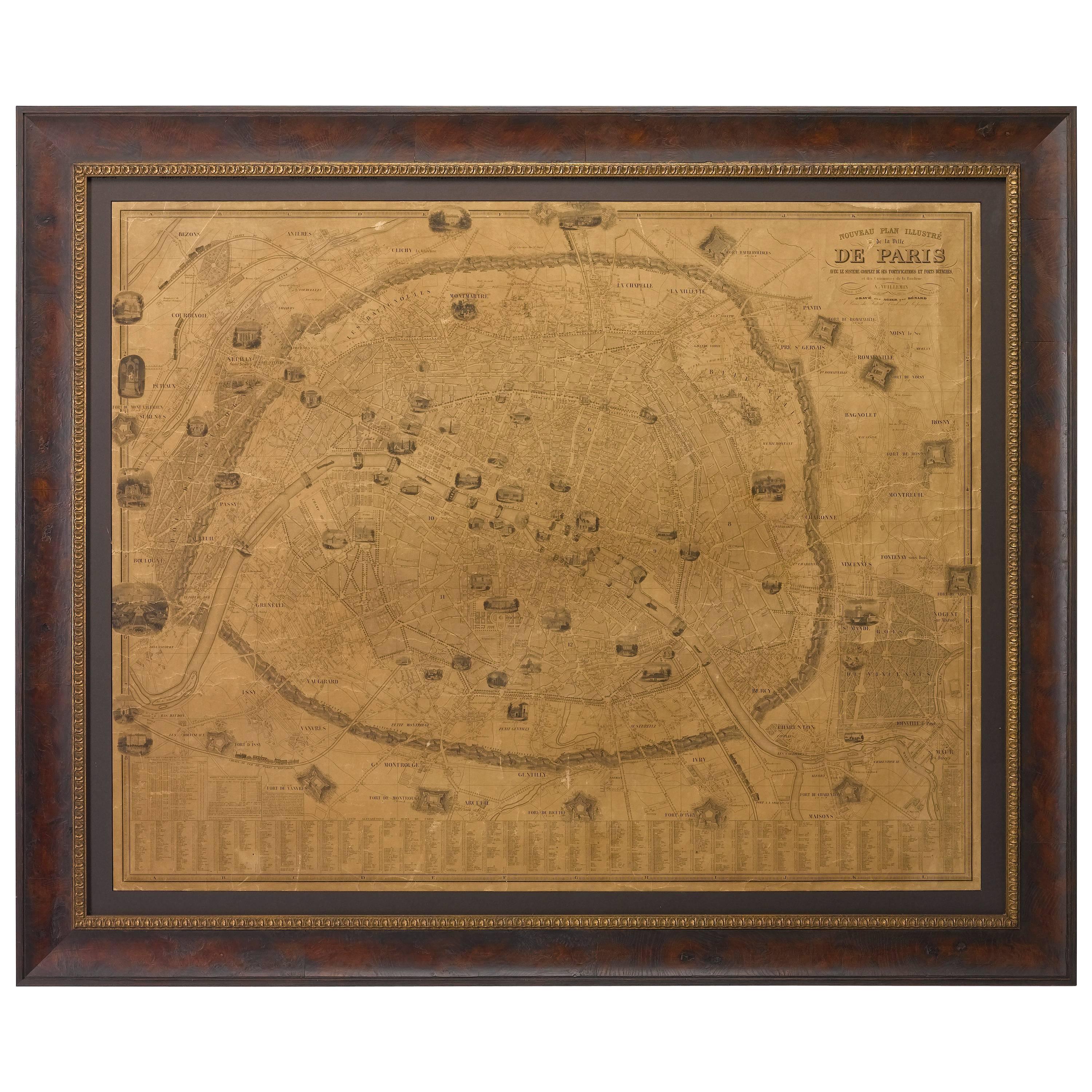 Plan of Paris, France, by A. Vuillemin, Antique Map, 1845 For Sale
