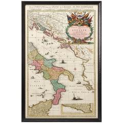 Hand-Colored Map of Southern Italy, circa 1720