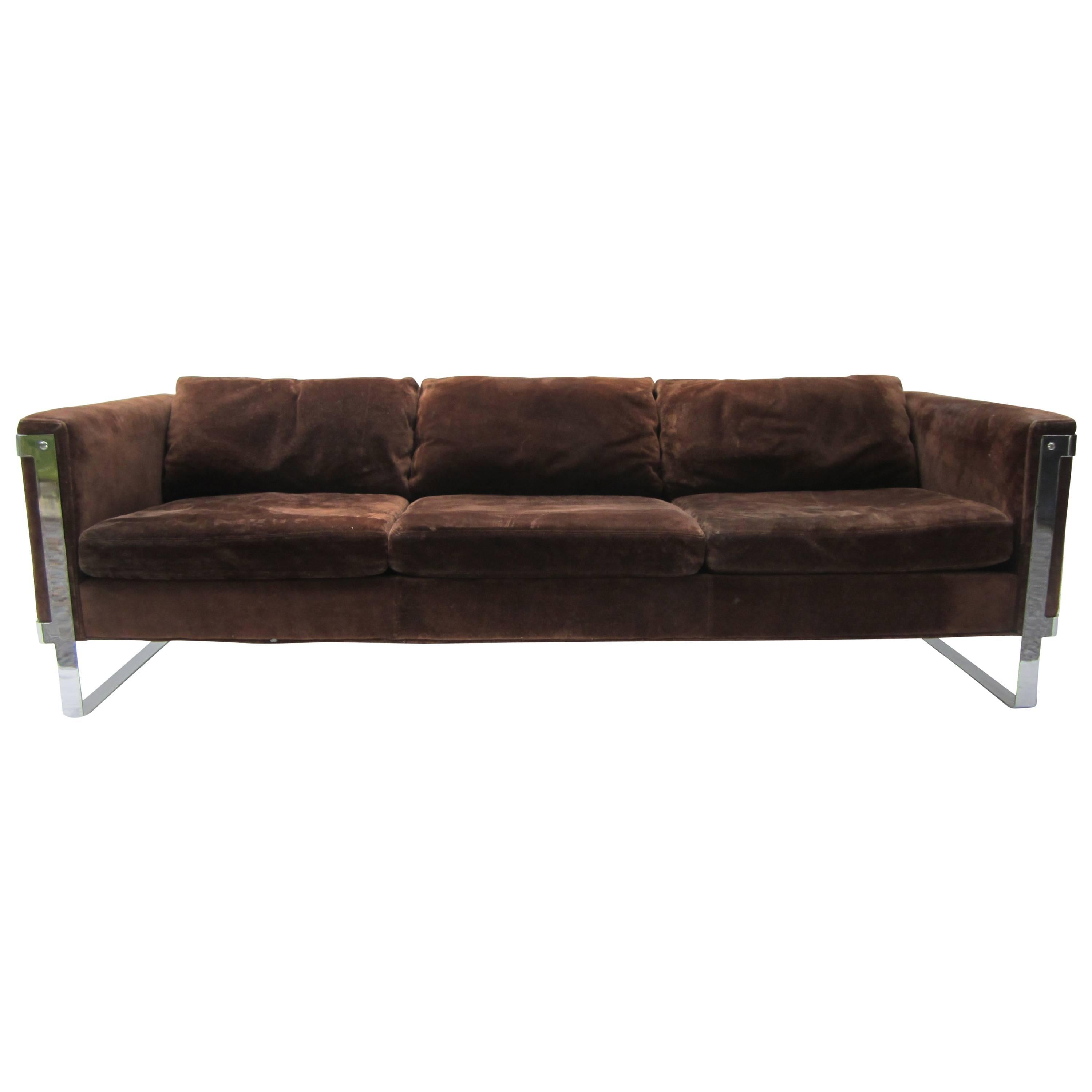 Milo Baughman Chrome and Suede Sofa