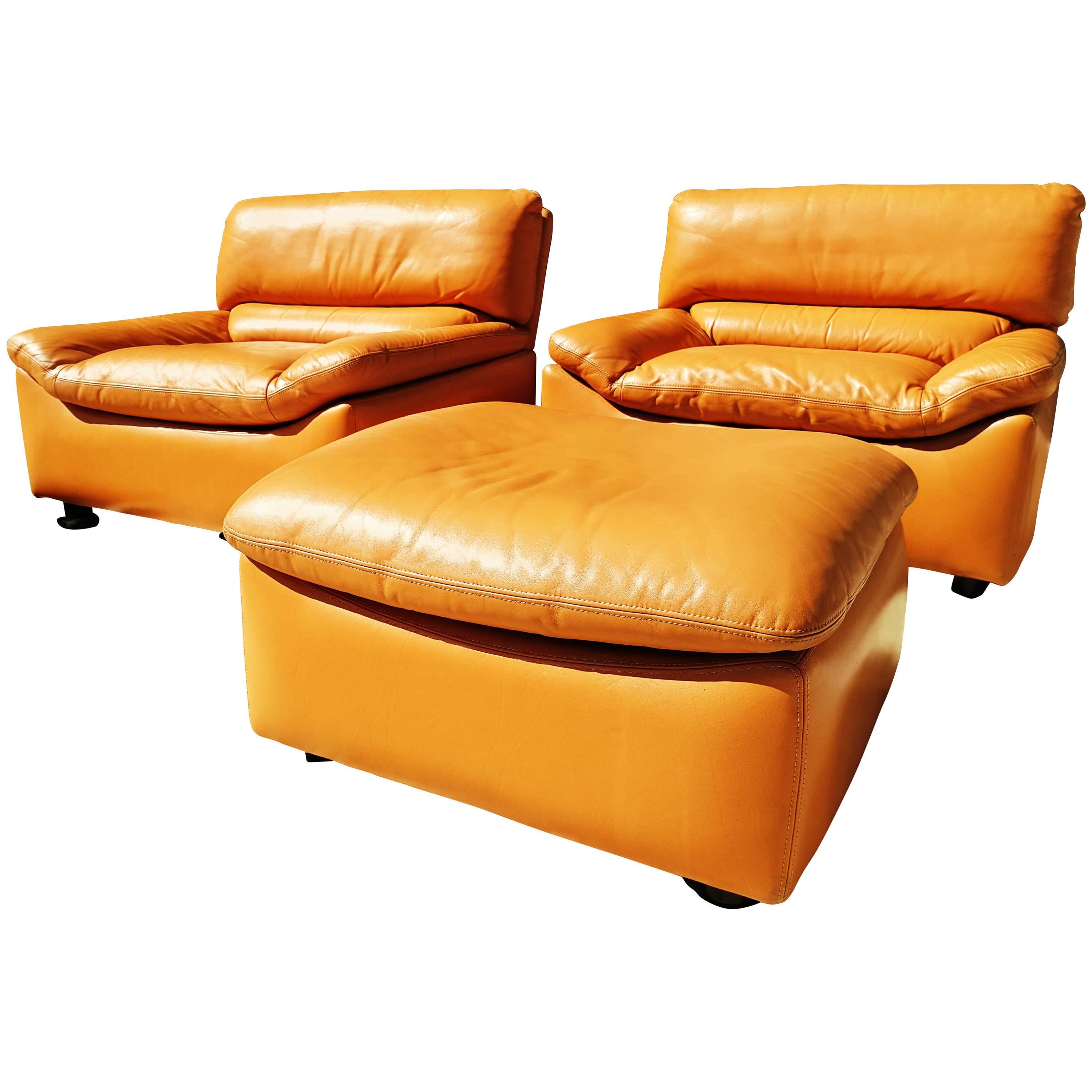 Pair of Tan Leather Lounge Chairs with Ottoman by Anita Schmidt for Durlet 1970s
