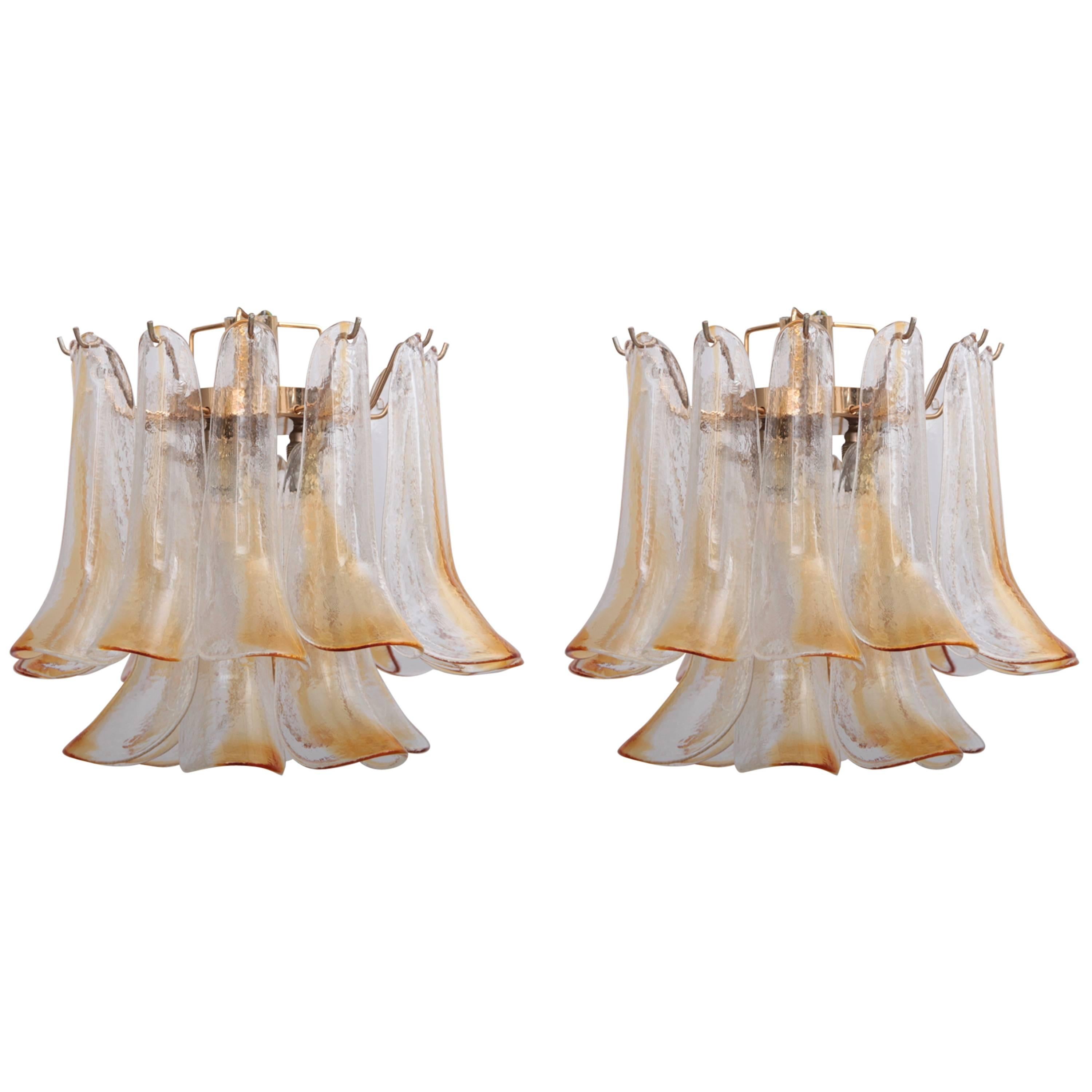 Pair of Vintage 1960s Murano Glass Chandeliers in Amber For Sale