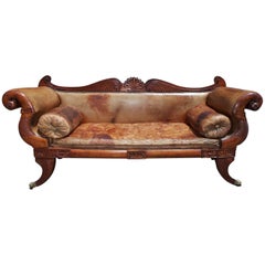 Antique Caribbean Regency Mahogany Floral Carved Leather Sofa, Circa 1810
