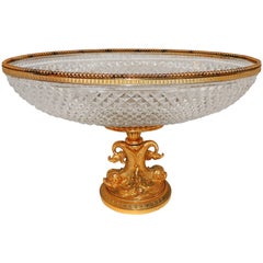 Wonderful French Cut Crystal and Dore Gilt Bronze Dolphin Motif Oval Centerpiece