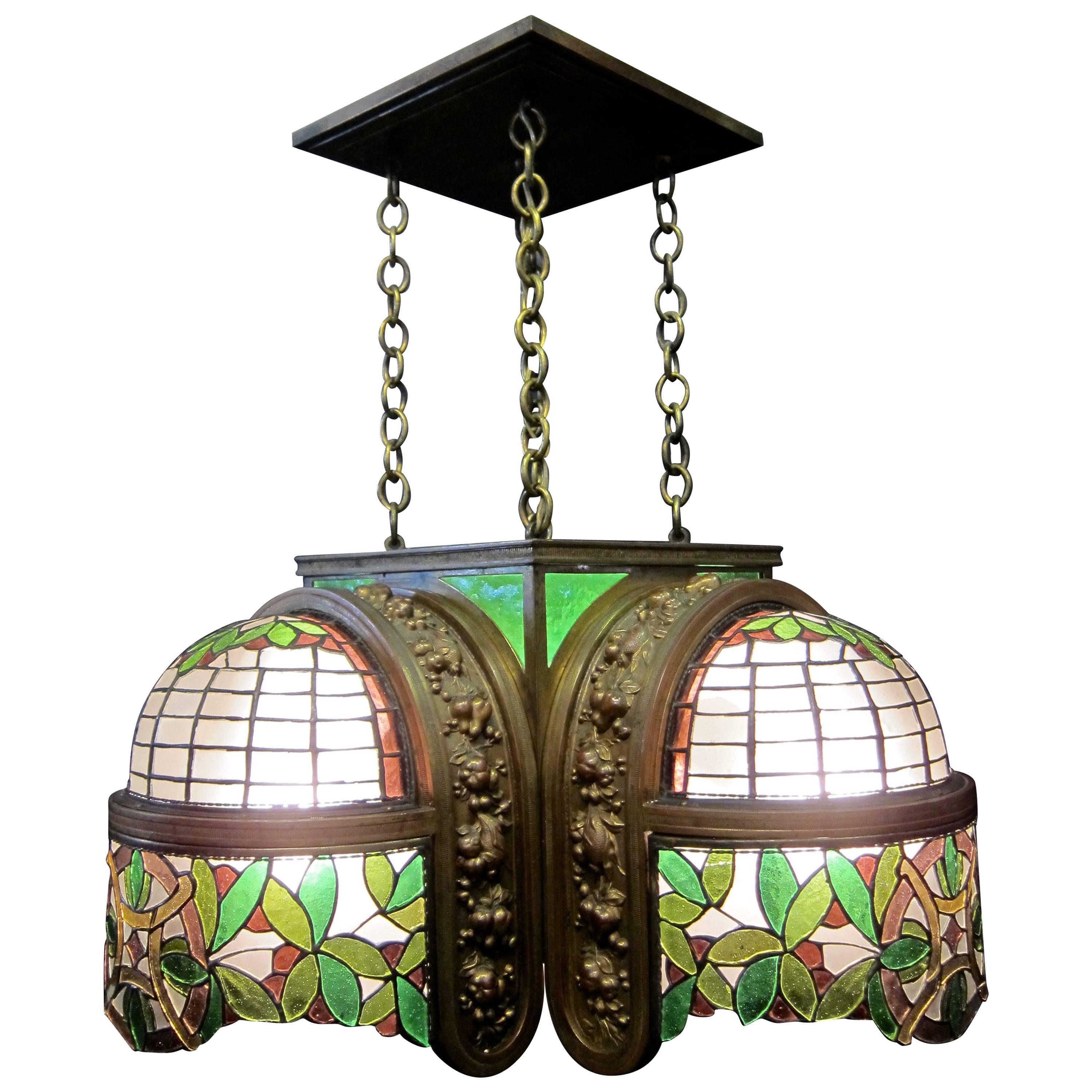 Vintage Bronze and Leaded Glass 1920s-1930s Ceiling Fixture For Sale