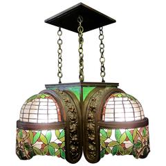 Vintage Bronze and Leaded Glass 1920s-1930s Ceiling Fixture