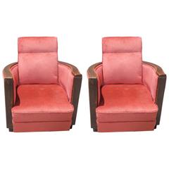 Pair of Fantastic French Art Deco Walnut "Curved" Club Chairs, circa 1940s