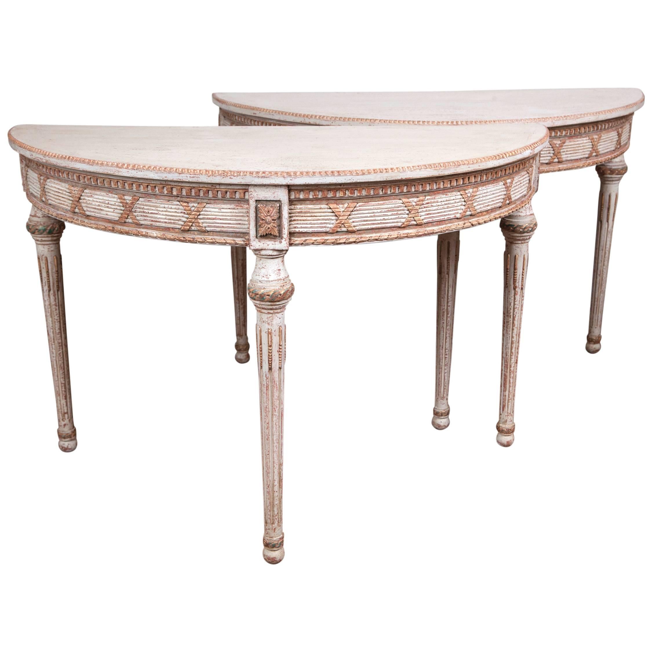 Large Pair of Louis XVI Style Painted Demilune Console Tables