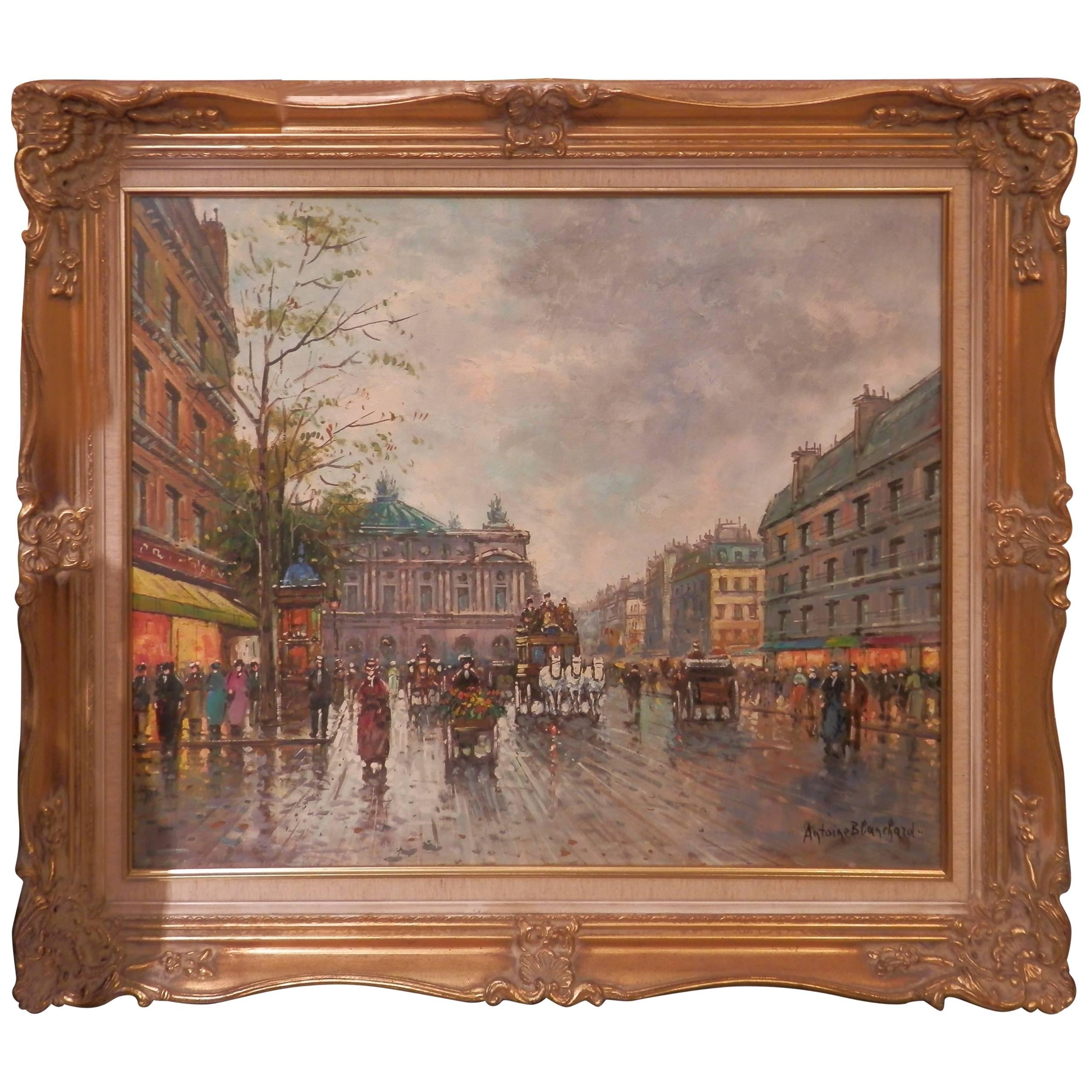 Peinture française Blanchard signée du début du 20e siècle, grande scène de rue française