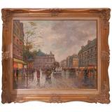 Pittura francese di Blanchard firmata dei primi del Novecento, grande scena di strada francese