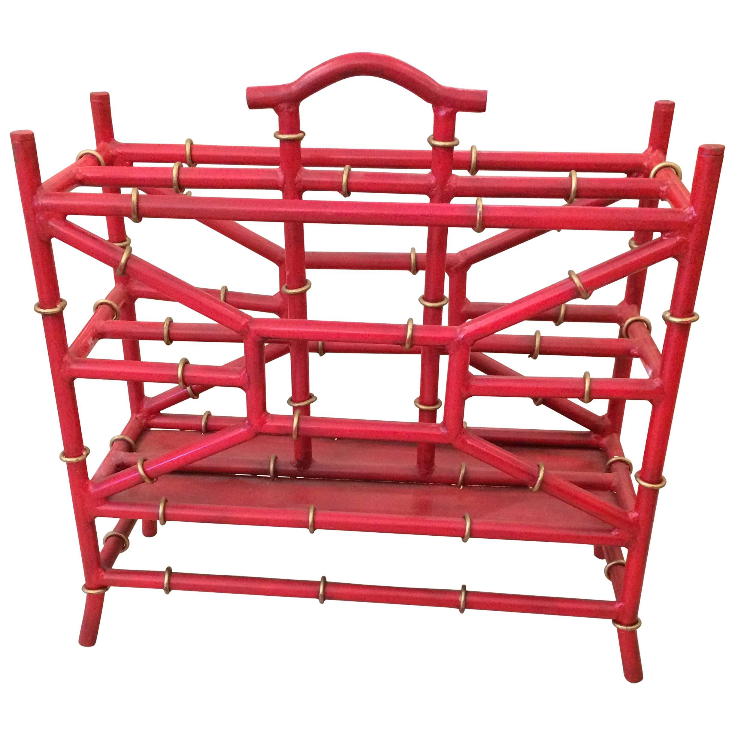 Tony Duquette Style Coral Red Faux Bamboo Magazine Stand