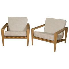 Pair of Clear Oak and Leather Lounge Chairs by Svante Skogh, circa 1957