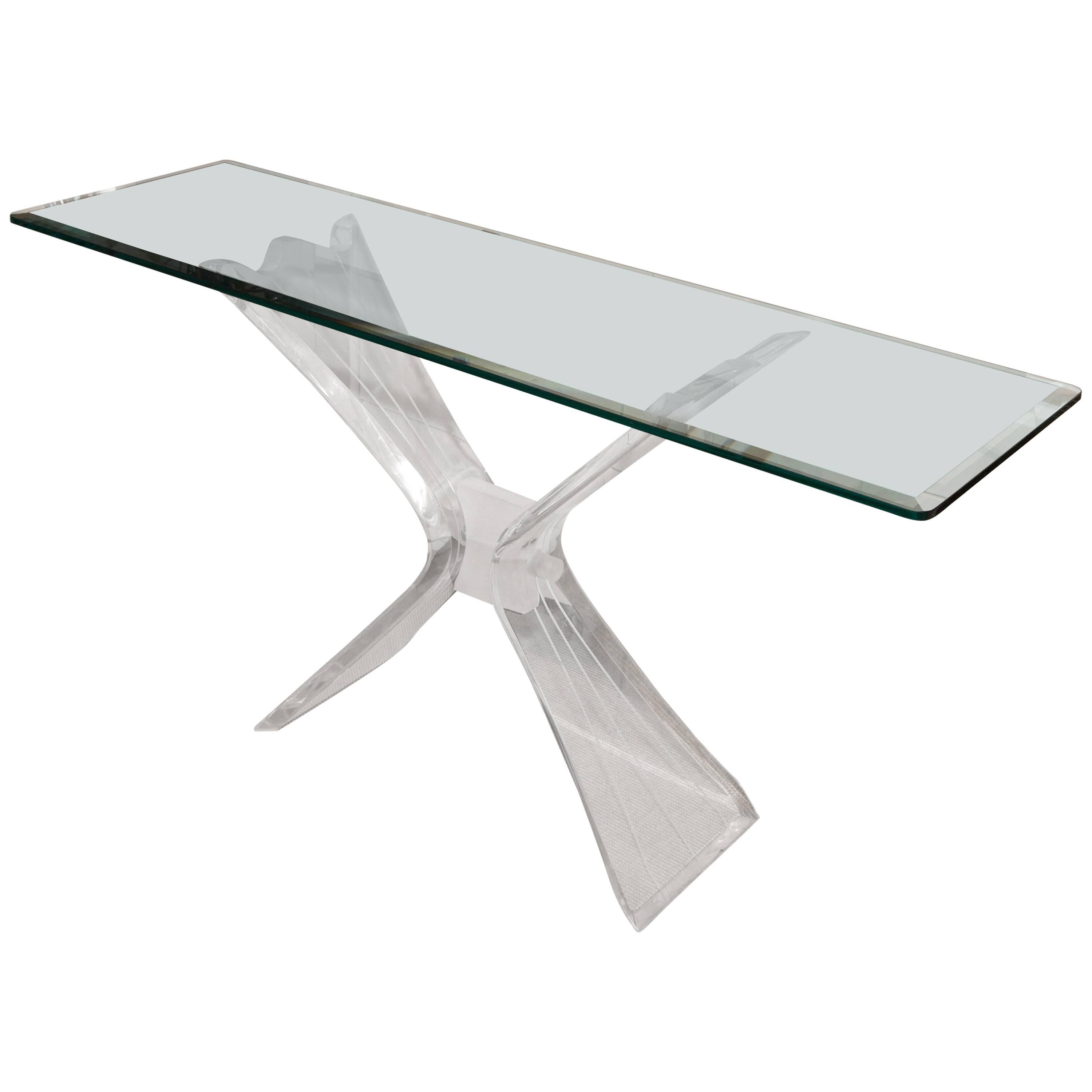 Attractive Mid-Century Console with Beveled Glass Top and Butterfly Lucite Base For Sale