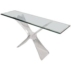 Attractive Mid-Century Console with Beveled Glass Top and Butterfly Lucite Base