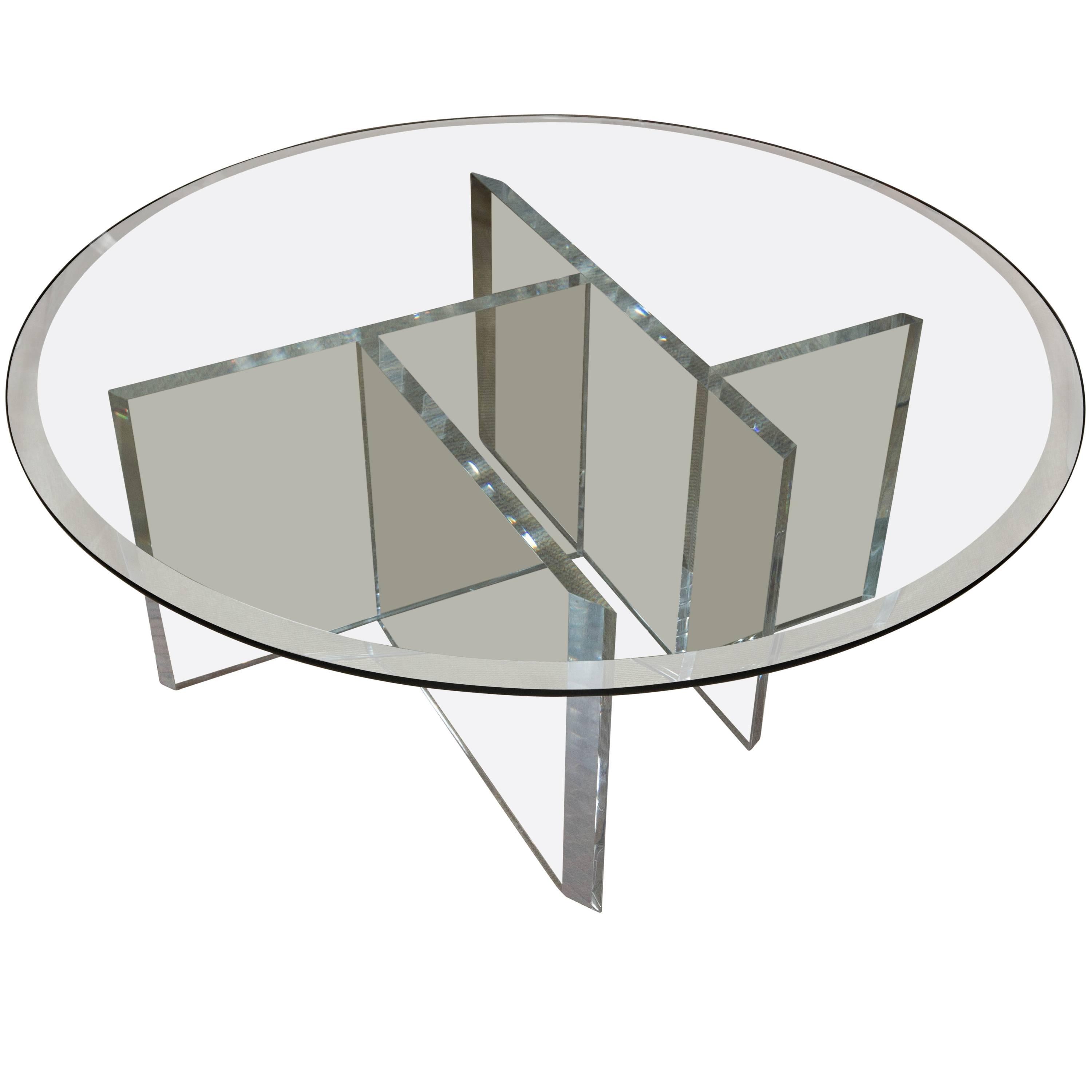 Round Mid-Century Lucite Cocktail Table with Beveled Glass Top