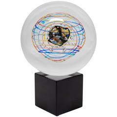 Murano Glass Spherical Sculpture with Internal Colorful Linear Design on Base