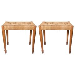 Pair of Woven Seat Oak Benches