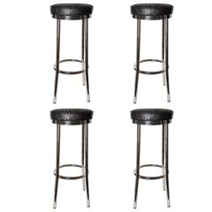 Set of Four Chrome Bar Stools Upholstered in Black and Grey Faux Crock