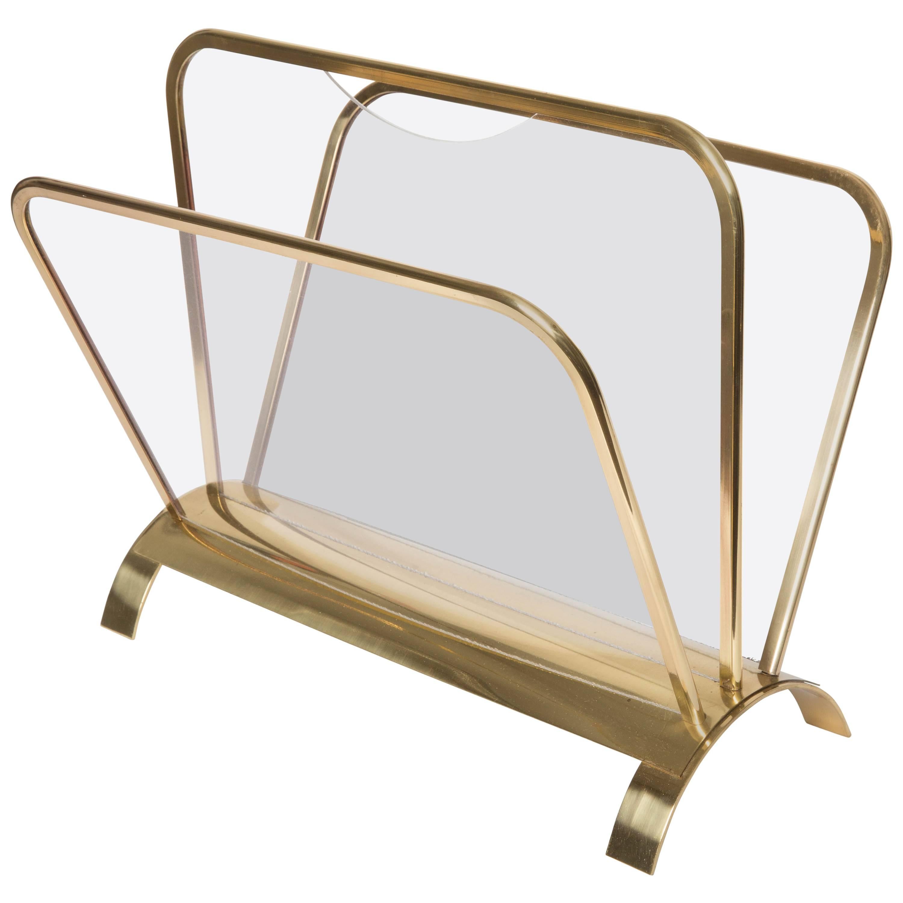 Brass and Lucite Magazine Holder For Sale