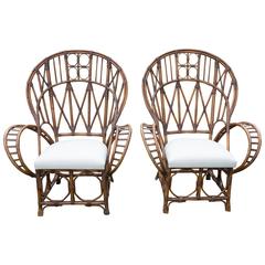 Pair of Rattan Armchairs with Upholstered Seats