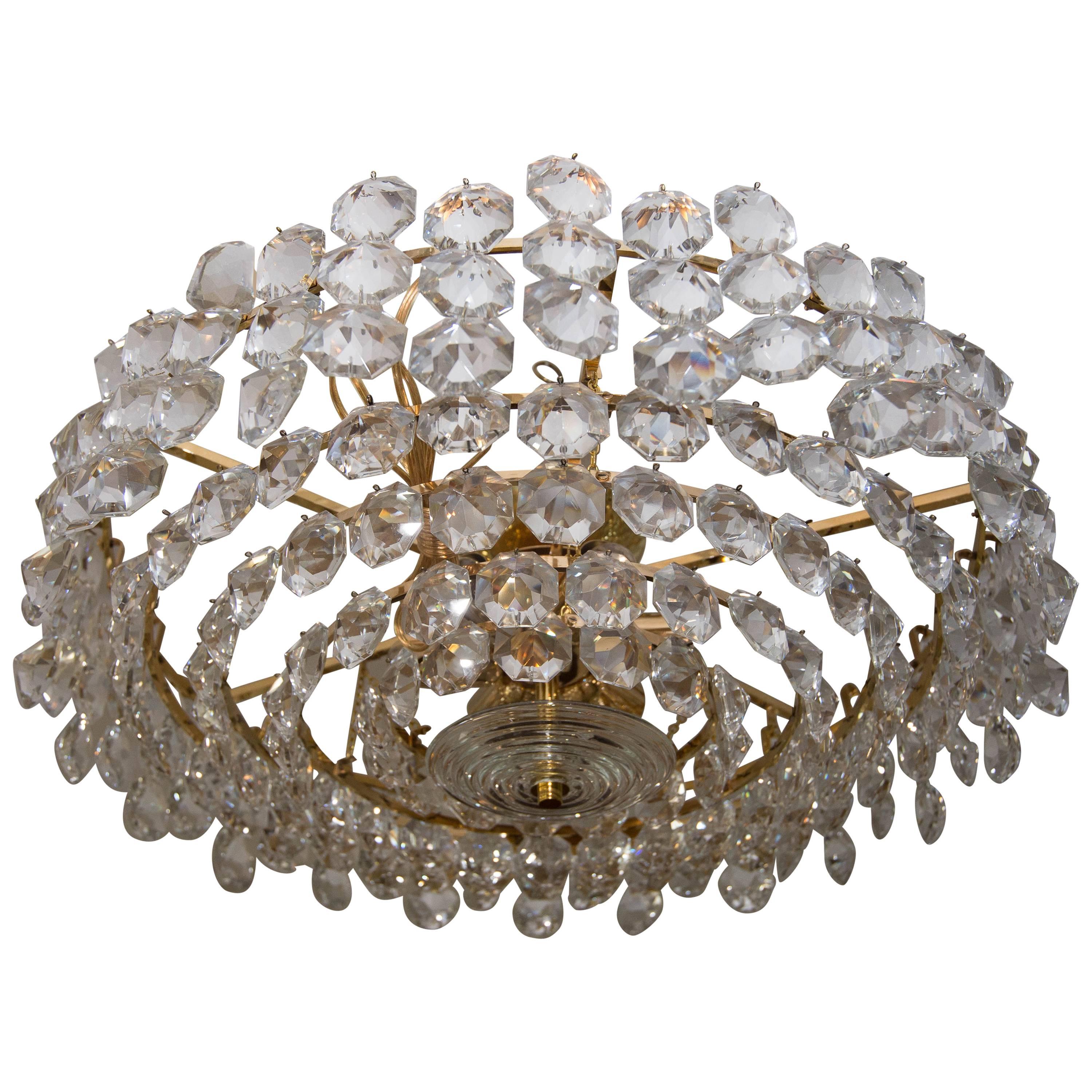 Tiered Brass and Facet Cut-Glass Element Chandelier
