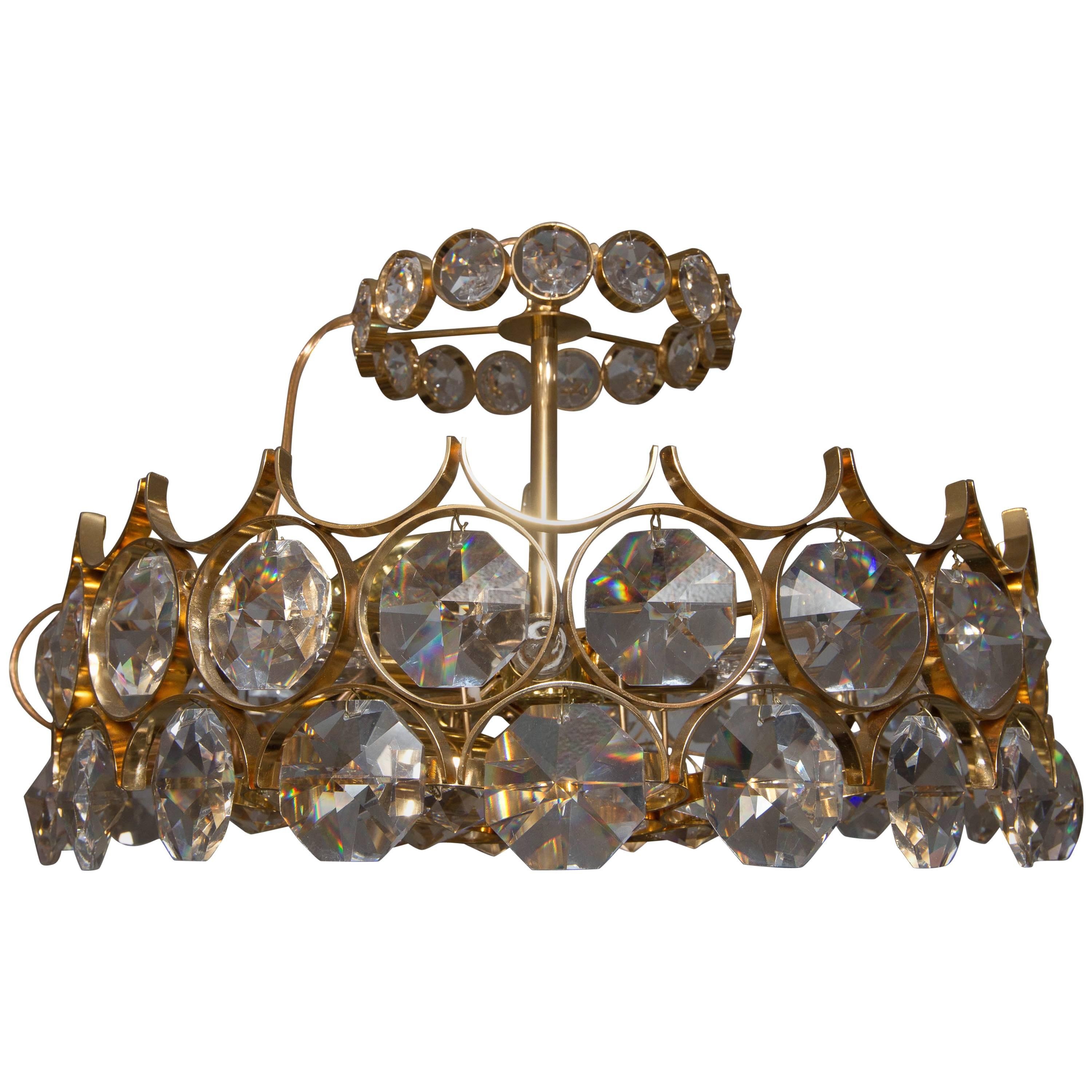 Brass Chandelier with Facet Cut Crystal "Jewel" Elements and Decorative Collar For Sale