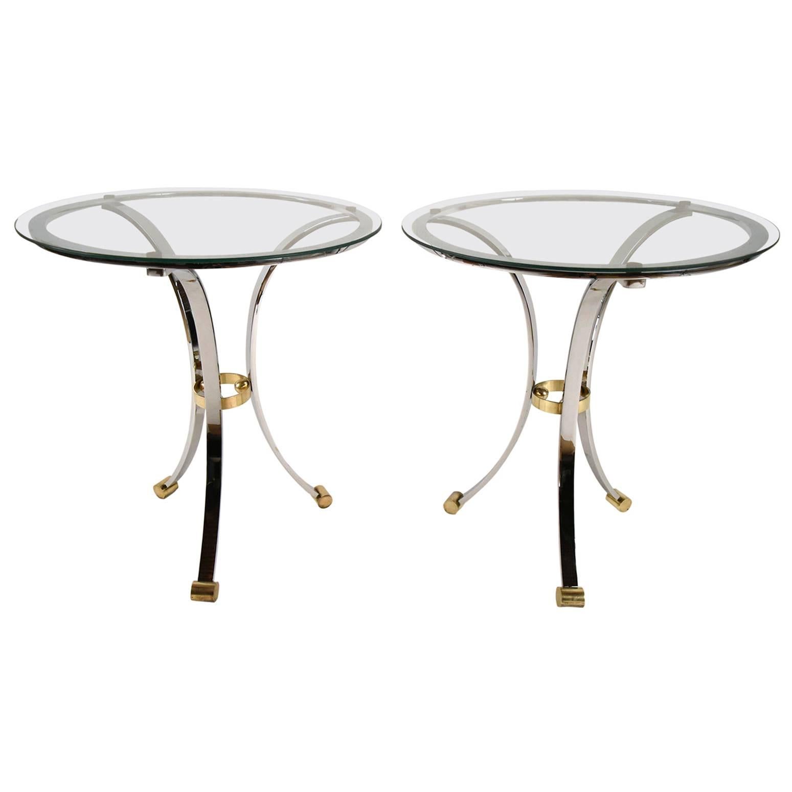 Pair of Maison Jensen Round Chrome and Brass End Tables