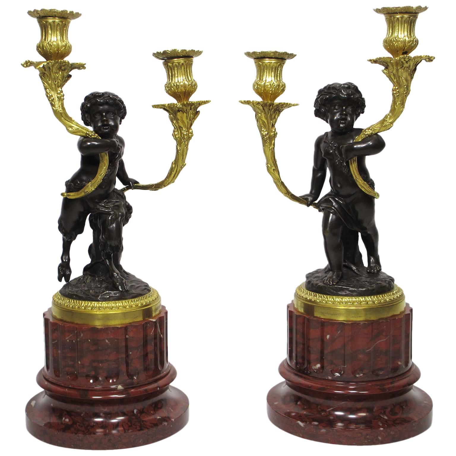 19th Century Louis XVI Style Patinated and Gilt Bronze Figural Candelabra, Pair