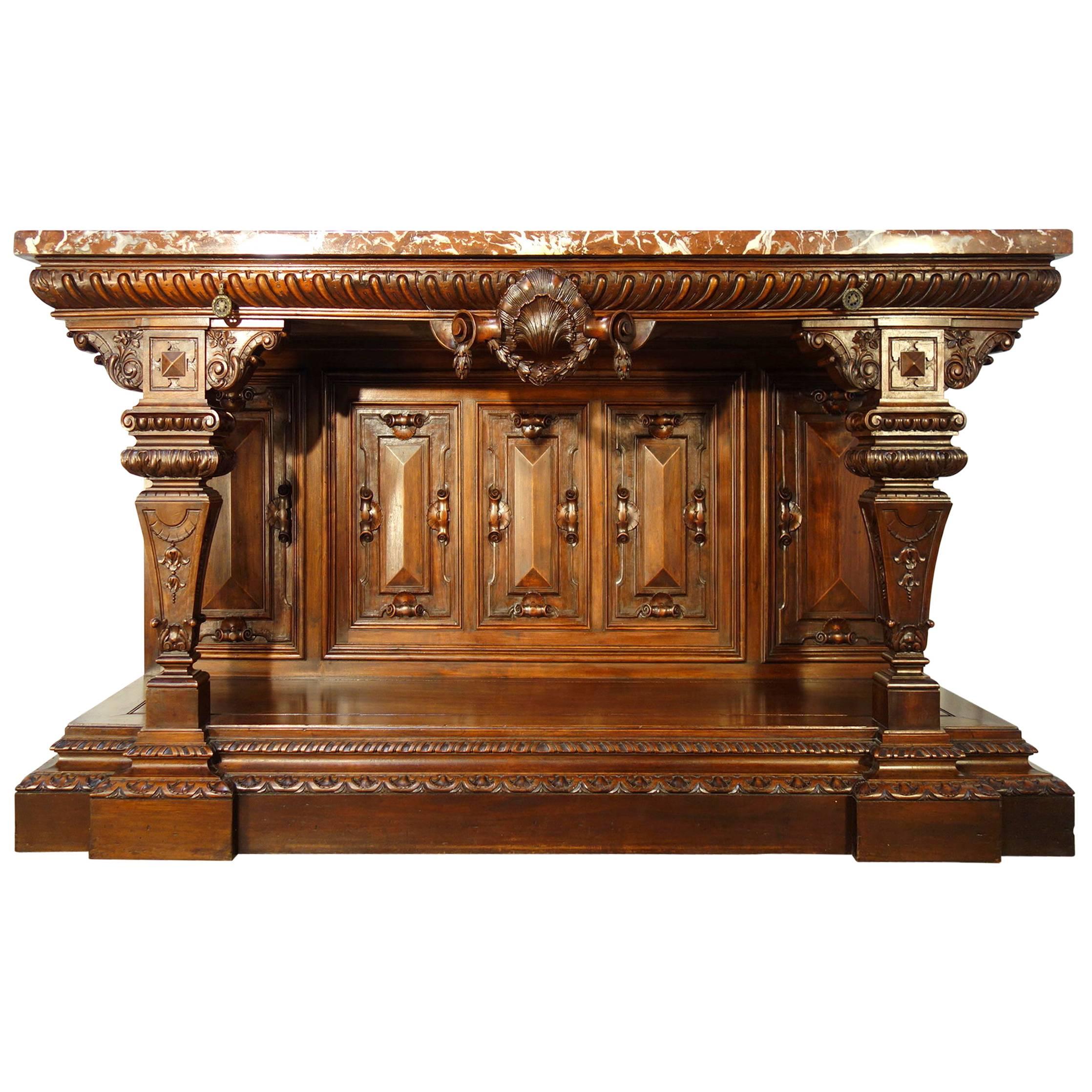 19th Century Monumental Walnut Tuscan Renaissance Style Entry Table Ca 1850