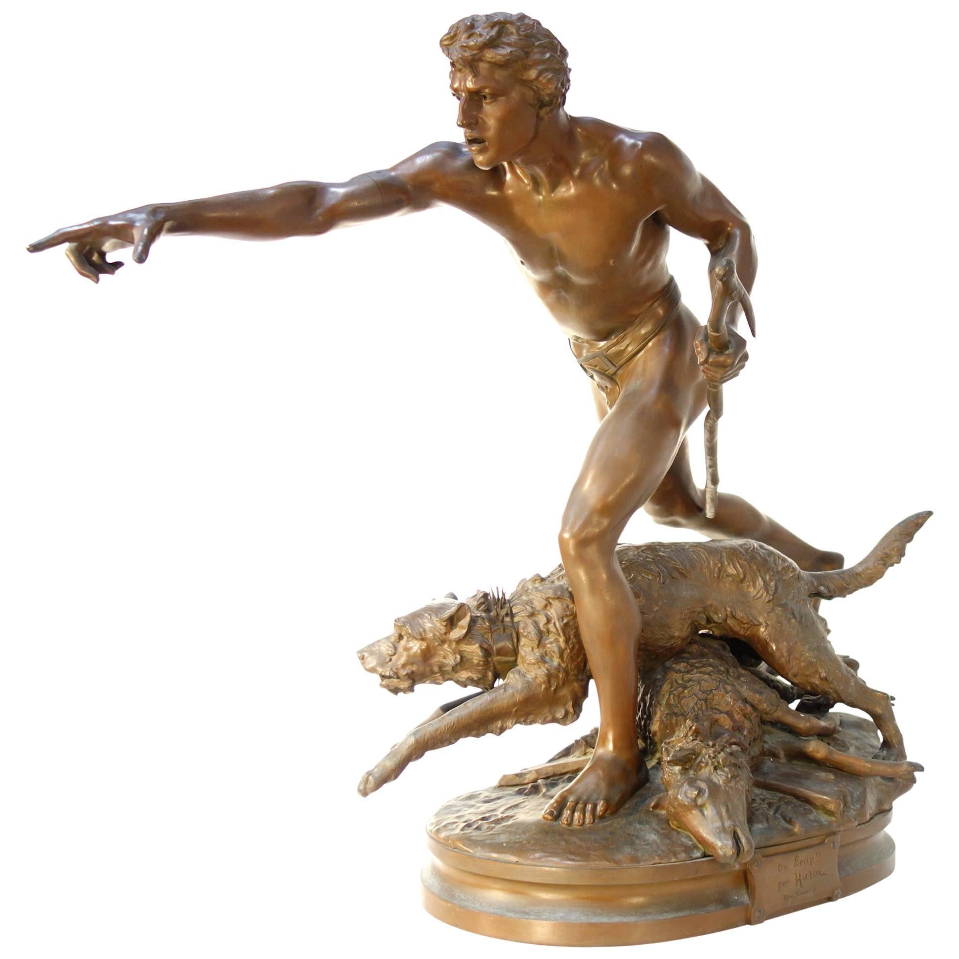 Bronze Statue Called 'Au Loup' by Louis Auguste Hiolin