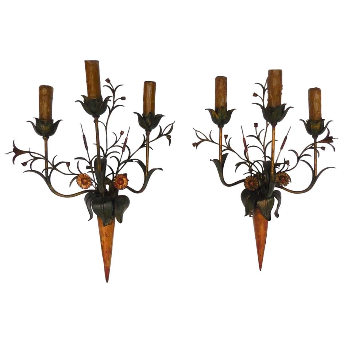 Daintly, Floral Painted Mid-20th Century Sconces