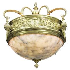 Rare Art-Deco Style Polished Bronze and Alabaster Three-Light Plafonnier 1