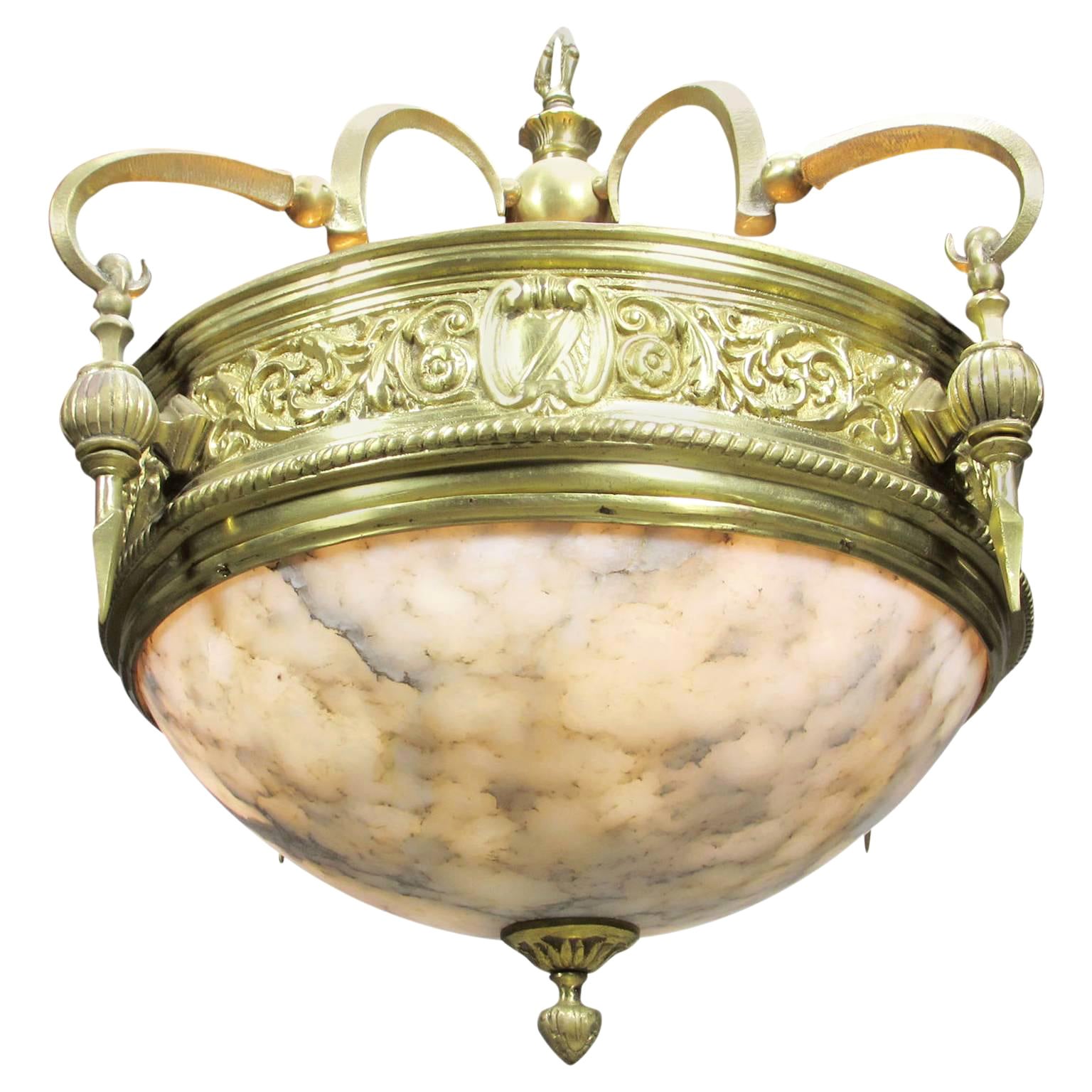 Art-Deco Style Polished Bronze and Alabaster Three-Light Plafonnier Chandelier For Sale