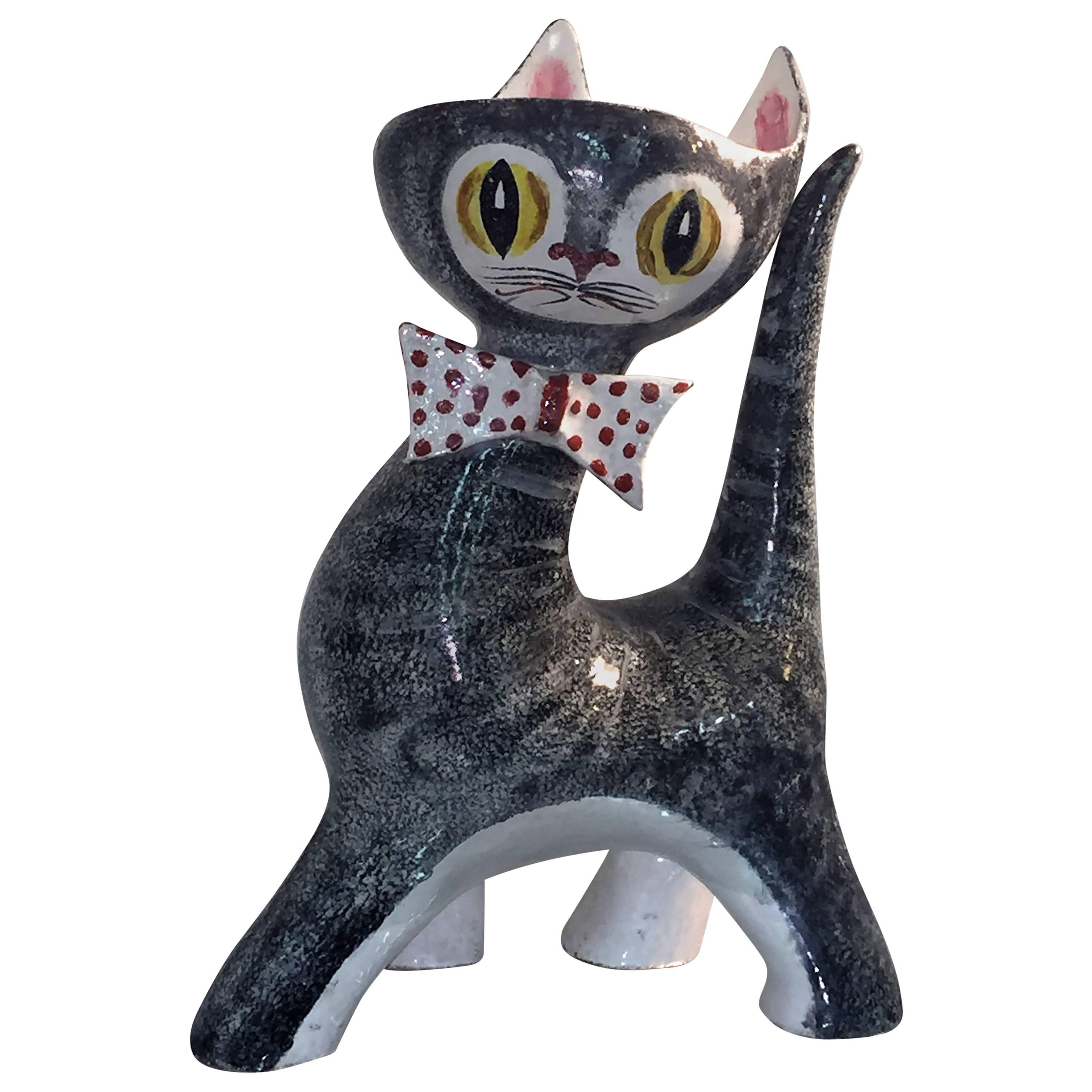 Mid-Century Whimsical and Colorful Italian Ceramic Cat Figure/Vase For Sale