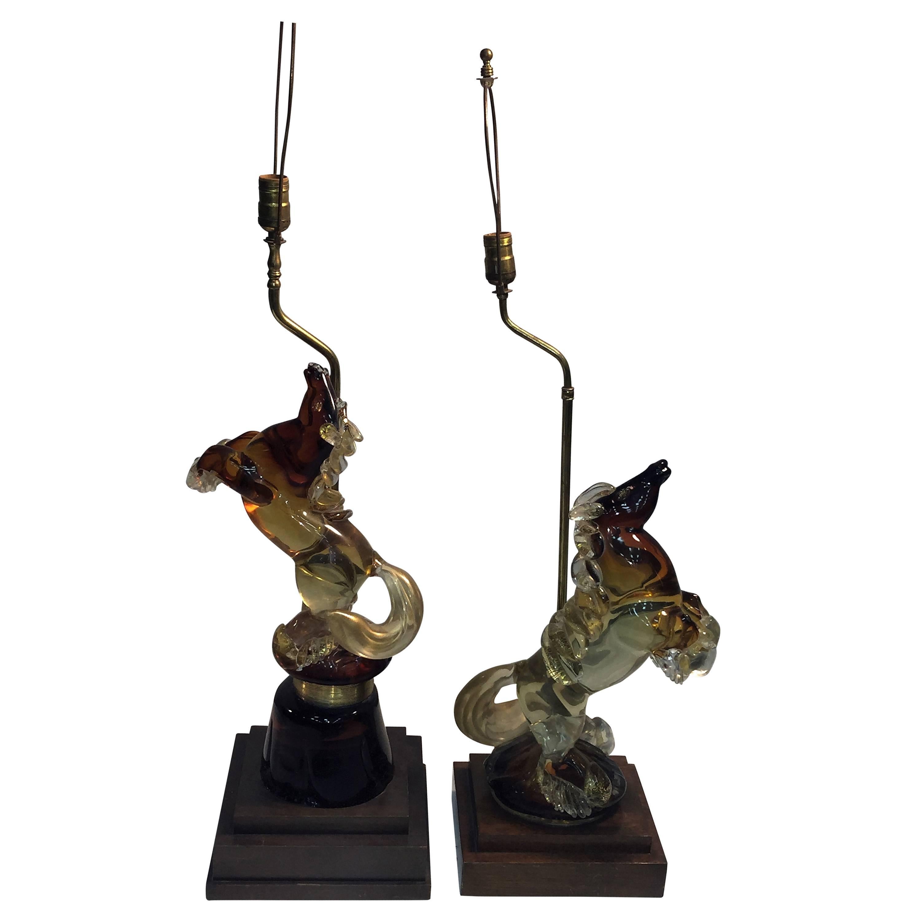 Pair of Alfredo Barbini Fancy Stallion Murano Glass Lamps For Sale