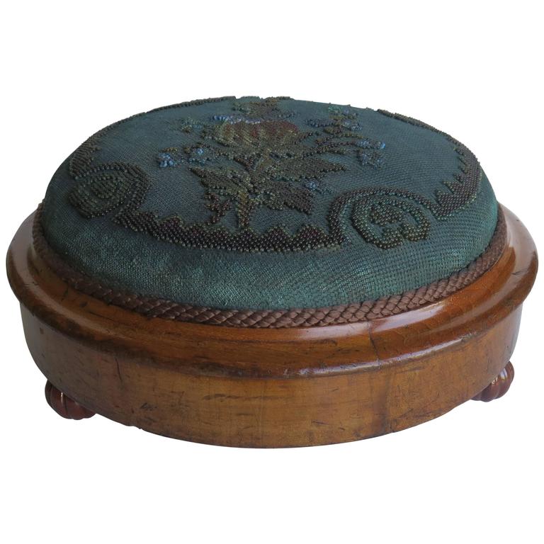 MidVictorian, Hand Beaded Foot Stool, Walnut, Bun Feet, English, circa 1850 at 1stDibs