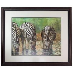 Zebras Drinking at a Waterhole Watercolor Painting, Howard, 1997 5