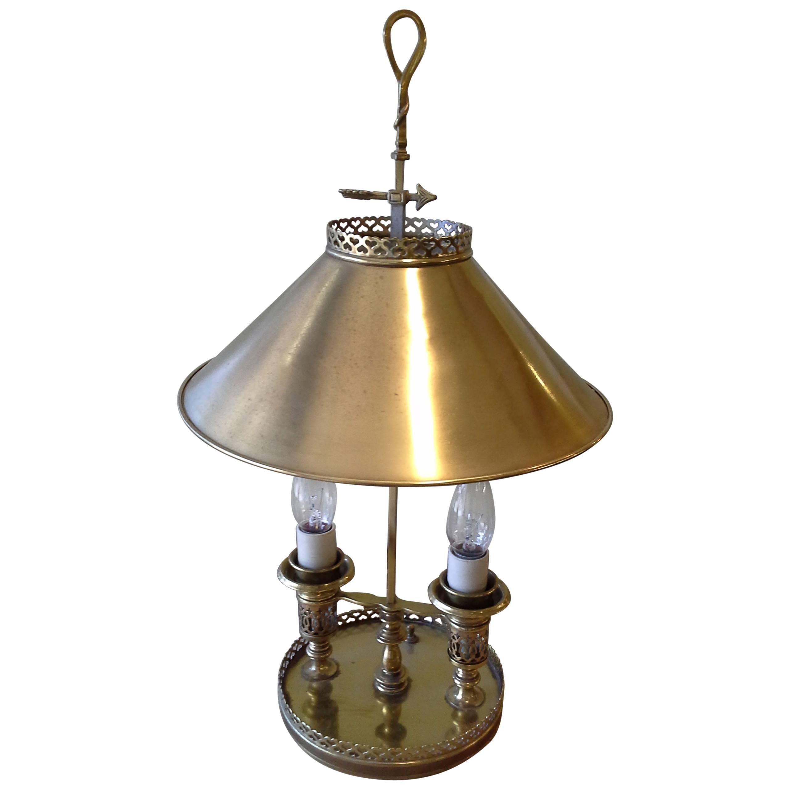 Brass Double Light Desk/Banquet Lamp, Metal Shade Heart Pierced Round Gallery For Sale