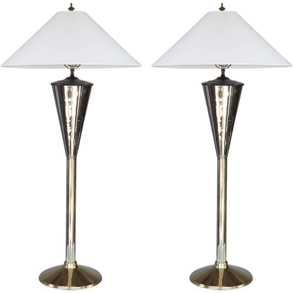Pair of Brass and Nickel Tall Lamps For Sale