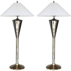 Pair of Brass and Nickel Tall Lamps