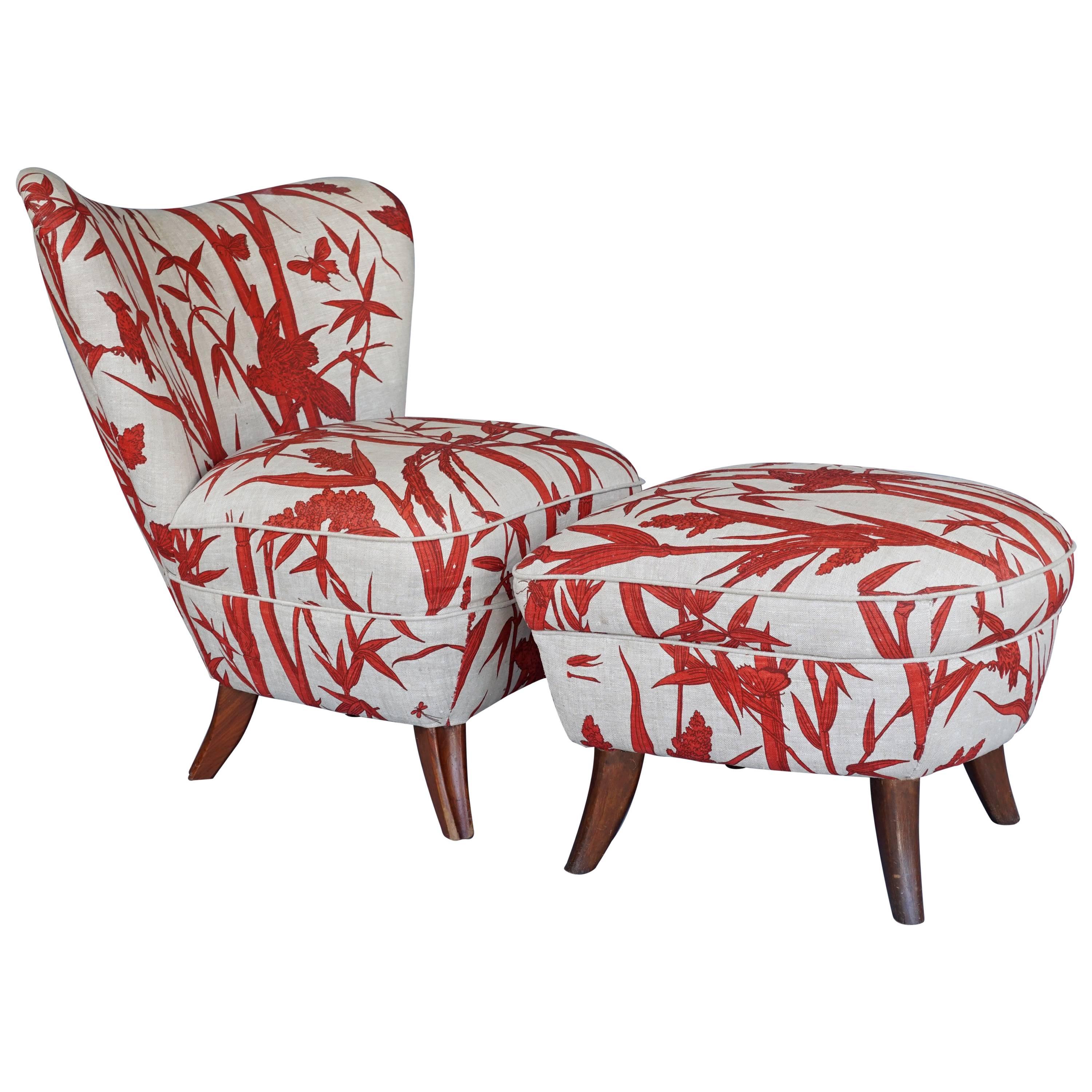 Modern Red and White Boudoir Chair with Ottoman For Sale