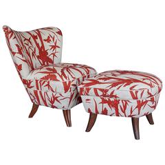 Modern Red and White Boudoir Chair with Ottoman
