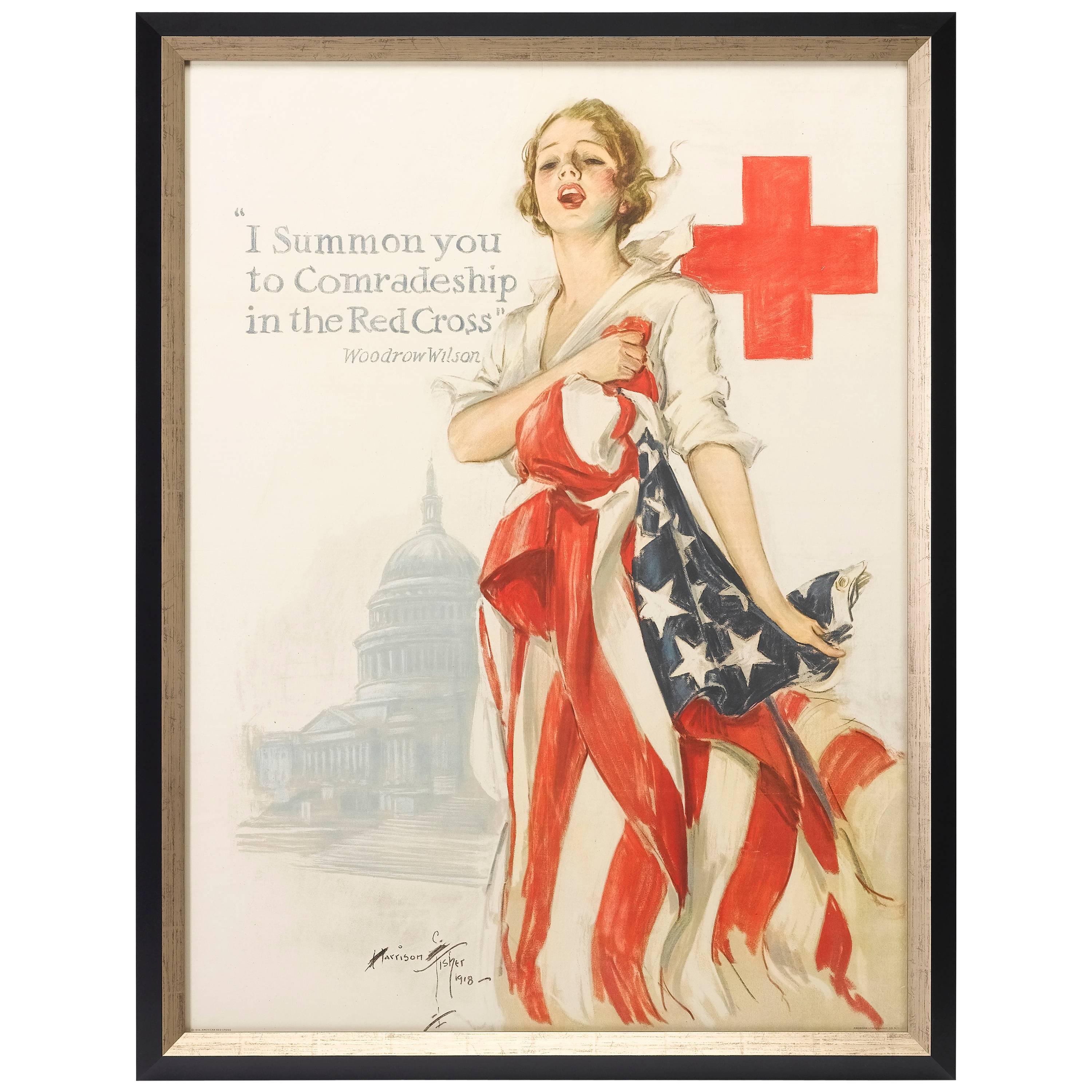 Red Cross WWI Patriotic Poster, Woodrow Wilson Quote by Harrison Fisher, 1918