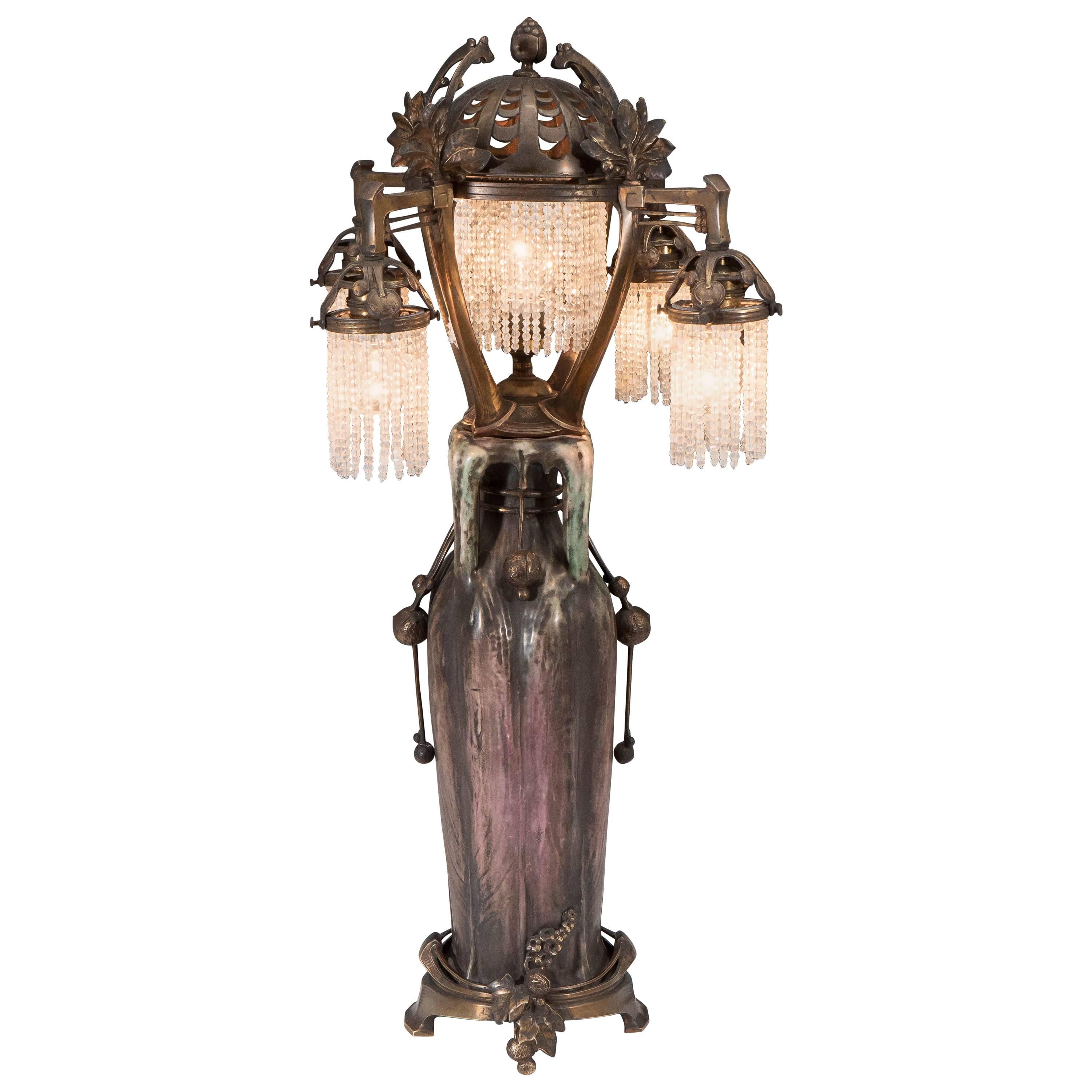 Lampe vase Amphore "EDDA" Art Nouveau autrichienne avec montures en bronze
