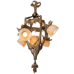 French Art Nouveau Gilt Bronze Chandelier with Art Glass Shades