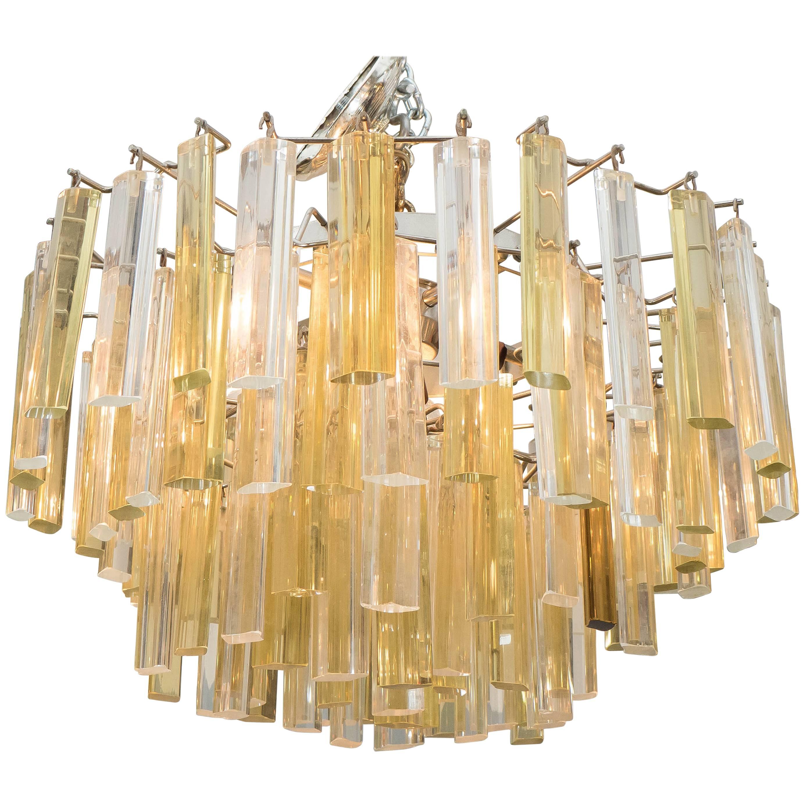 Venini Three-Tier Chandelier with Clear and Gold Glass Prisms