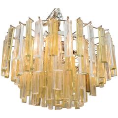 Venini Three-Tier Chandelier with Clear and Gold Glass Prisms 1