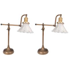 Pair of French Art Deco Bronze Reading Lamps with Holophane Glass Shades