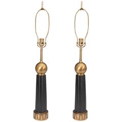 Pair of Mid-Century Brass & Black Enamel Lamps in the Manner of Tommi Parzinger
