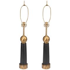 Pair of Mid-Century Brass 
Black Enamel Lamps in the Manner of Tommi Parzinger